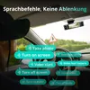 Inside a car, showing a dashcam mounted on the windshield and voice commands. Produktbild-Vorschau