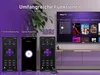 A Roku TV is shown on a stand, with three smartphone screens displaying a remote control app, a voice search interface, and another remote control app. A plant is in the background. Podgląd zdjęcia produktu