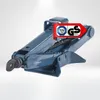 A blue scissor jack with certification logos overlaid. Produktbild-Vorschau