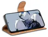 A brown flip case for a smartphone, shown open with the phone screen displaying an abstract image. Produktbild-Vorschau