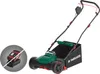 A product image collage showing a cordless lawnmower and a battery with charger. Produktbild-Vorschau