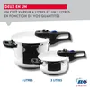 Two pressure cookers of different sizes are shown, with text describing their features. Produktbild-Vorschau
