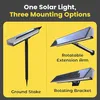 A collage showing a solar light with three different mounting options: ground stake, rotatable extension arm, and rotating bracket. Produktbild-Vorschau