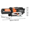 A black electric winch with an orange rope, shown with measurement indicators. Produktbild-Vorschau