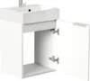 A white bathroom vanity with a sink and an open cabinet door. Produktbild-Vorschau