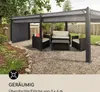 A garden pavilion with outdoor furniture set up inside, situated on a gravel ground with a lawn and fence in the background. Produktbild-Vorschau