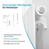 A close-up image of white radiator mounting brackets and hardware, with accompanying text in German. Produktbild-Vorschau