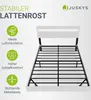 A white bed frame with a slatted base, shown from a slightly elevated angle, with marketing text and icons on the left. Náhľad obrázku produktu