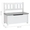A white storage bench with a gray lid and a backrest with vertical slats. Produktbild-Vorschau