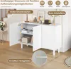 A white sideboard with doors open, displaying its interior shelves and storage space, set in a home environment with a staircase and decor. Voir les images du produit