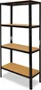 A black metal shelving unit with four wooden shelves against a white background. Produktbild-Vorschau