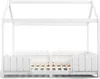 A white wooden children's bed with a house-like frame and a picket fence-style guardrail. Náhled obrázku produktu