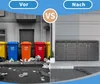 A split image showing a 'before' and 'after' of trash bins. The 'before' shows colorful, overflowing bins on a street, while the 'after' shows sleek, modern gray bin enclosures. Anteprima dell’immagine prodotto