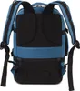 The back of a blue and black backpack is shown against a white background. Produktbild-Vorschau