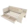 A product shot of a beige upholstered daybed with storage drawers and an attached desk. Anteprima dell’immagine prodotto