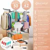 A multi-tiered drying rack with clothes and accessories, presented with feature callouts. Produktbild-Vorschau