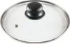 A glass pot lid with a black handle and a stainless steel rim, shown from a top-down perspective against a white background. Náhľad obrázku produktu