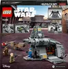 The image shows the packaging of a LEGO Star Wars set, featuring the main product and several smaller inset images highlighting specific features and accessories. The background depicts a desert-like environment with buildings, suggesting the Star Wars uni Náhled obrázku produktu