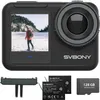 An action camera and its accessories are displayed on a white background. Produktbild-Vorschau