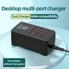 A black multi-port USB charger is shown on a light blue and white circular platform, with promotional text overlays. Náhled obrázku produktu
