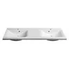 A white double basin vanity top with two faucet holes and an overflow drain in each basin, presented on a white background. Anteprima dell’immagine prodotto
