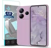A purple phone case and screen protector are displayed next to a smartphone. Produktbild-Vorschau