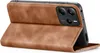A brown leather flip case for a smartphone is shown standing upright. Produktbild-Vorschau