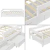 A collage of four images showing different angles and details of a white wooden bed frame with drawers. Náhľad obrázku produktu
