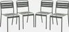 Four identical gray metal garden chairs are arranged in a row against a white background.