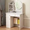 A white vanity table with a mirror and shelves, set against a neutral background with curtains on the left. Podgląd zdjęcia produktu