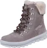 A single gray winter boot with beige fur lining and red and black laces is shown against a white background. Voir les images du produit