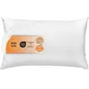 A white pillow with a feather and a label showing product certifications and details. Náhled obrázku produktu