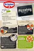 A flat lay image of a Dr. Oetker Pizzateig Italian Style baking mix package, with instructions and recipe ideas. Produktbild-Vorschau