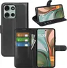 A collage of images showing a black flip wallet case for a Motorola Moto G75 phone, with cards and cash inserted. Produktbild-Vorschau