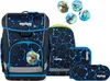 A collection of school supplies including a backpack, a pencil case, and a smaller pouch, along with four round decorative patches, all featuring a dinosaur theme and a blue, black, and green color scheme. Podgląd zdjęcia produktu