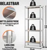 A shelving unit with weight indicators and descriptive text about its load capacity and durability. Produktbild-Vorschau