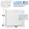 A white chest freezer with dimensions and features highlighted. Produktbild-Vorschau