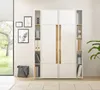A modern white and wood cabinet with shelves, displayed in a well-lit room with a window view. Produktbild-Vorschau