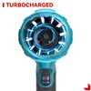 Close-up view of the internal fan mechanism of a teal-colored leaf blower, with glowing blue lines indicating airflow and the word 'TURBOCHARGED' in red text at the top left. Produktbild-Vorschau