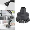 Collage showing a black steam cleaner brush head in use and in isolation. Produktbild-Vorschau