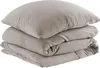 A stack of folded bedding, including a pillow and a duvet cover, on a white background. Produktbild-Vorschau
