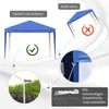 Collage showing a blue pop-up gazebo, demonstrating stability and safety features, with close-ups of assembly details and included accessories. Produktbild-Vorschau