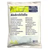 A white plastic bag containing a transparent drop cloth, with text and graphics printed on the bag. Produktbild-Vorschau
