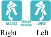 Two identical icons of a person in a hockey stance, one labeled 'RECHTS' (Right) and the other 'LINKS' (Left), with 'KELLEN BIEGUNG' (Blade Curve) in the center. Below these, the words 'Right' and 'Left' are written. Produktbild-Vorschau