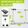 Diagram showing a white safety gate with dimensions and included accessories. Produktbild-Vorschau