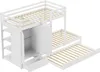 A white bunk bed with a pull-out trundle bed, a wardrobe, shelves, and a drawer, shown from a diagonal angle against a white background. Náhled obrázku produktu