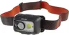 A black headlamp with an orange and red patterned strap is shown against a white background. Produktbild-Vorschau