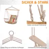 A collage of four images showcasing a hanging chair, its details, and features. Produktbild-Vorschau