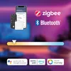 A marketing image showcasing smart home lighting control devices and compatibility logos. Produktbild-Vorschau