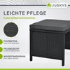 A close-up marketing image of a black polyrattan furniture piece with text overlays highlighting its features. Produktbild-Vorschau